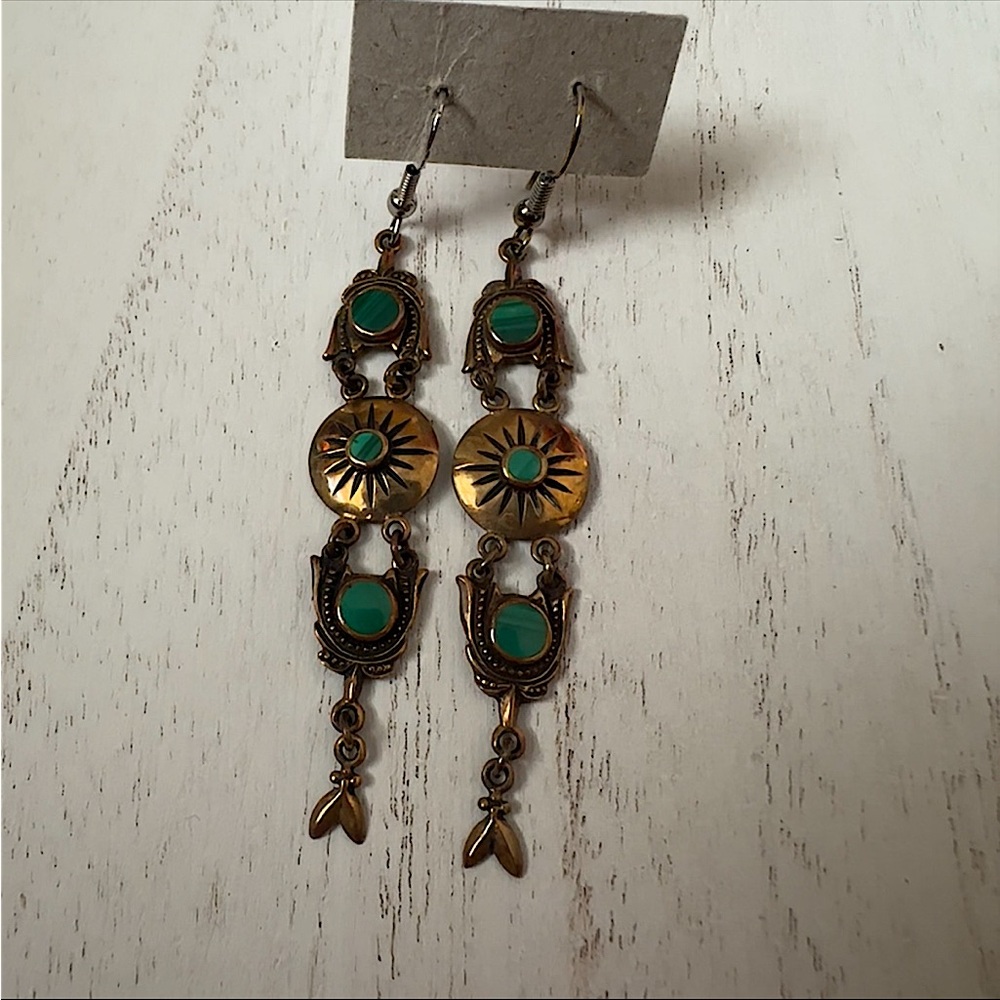 Brass and Green/Blue Dangle Earrings💙